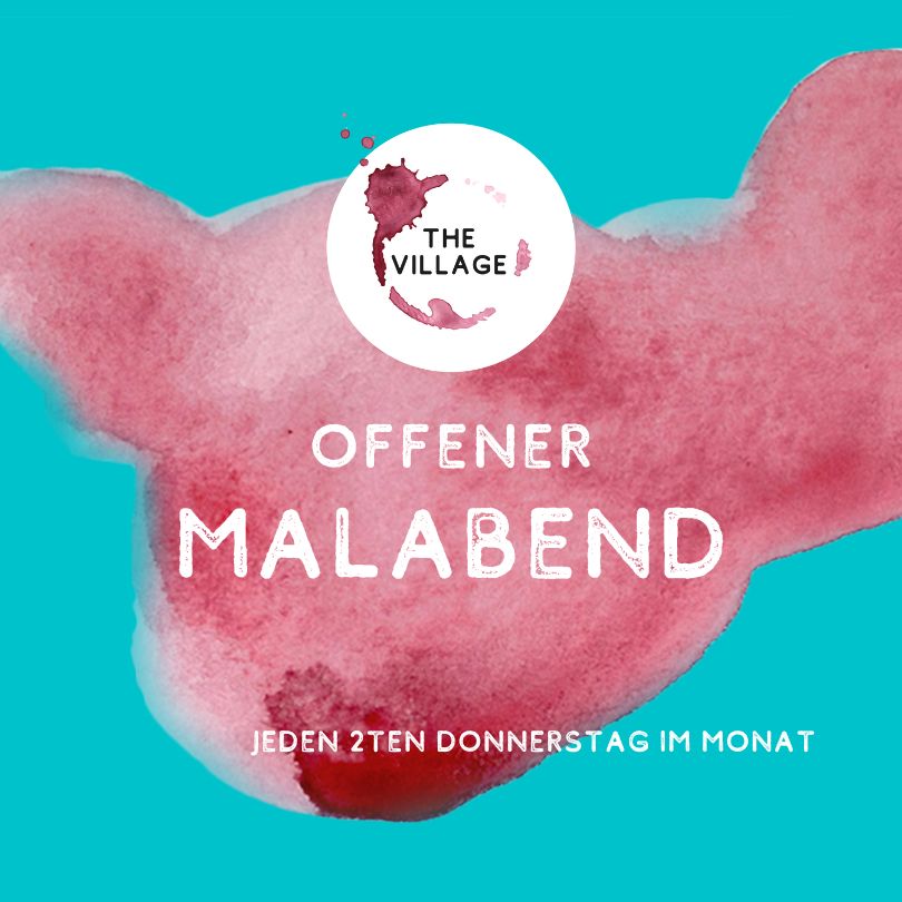 Eine bunte Grafik mit einem roten Tuschefleck auf einem türkisen Hintergrund und dem Text "Offener Malabend, jeden zweiten Donnerstag im Monat".