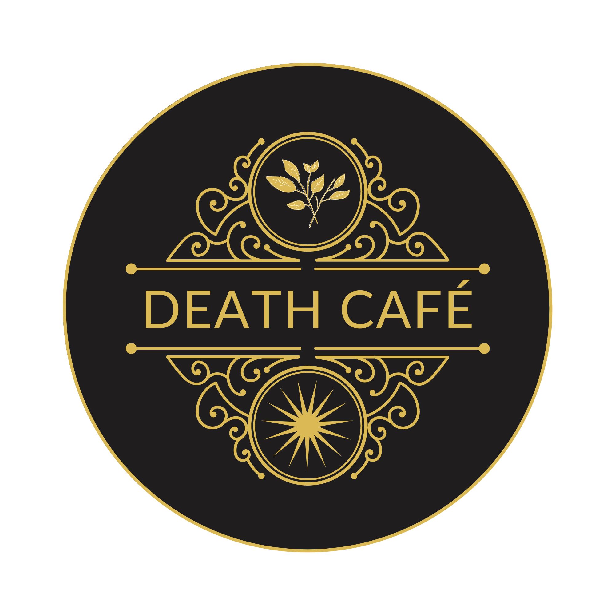 Der Text "Death Cafe" verziert mit goldenen Ornamenten auf schwarzem Hintergrund.