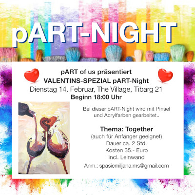 Poster zur Art Night - zwei Weingläser mit einem Herzen und dazu die Info, dass die Art Night am 14.02. zwischen 18 und 20 Uhr stattfindet.