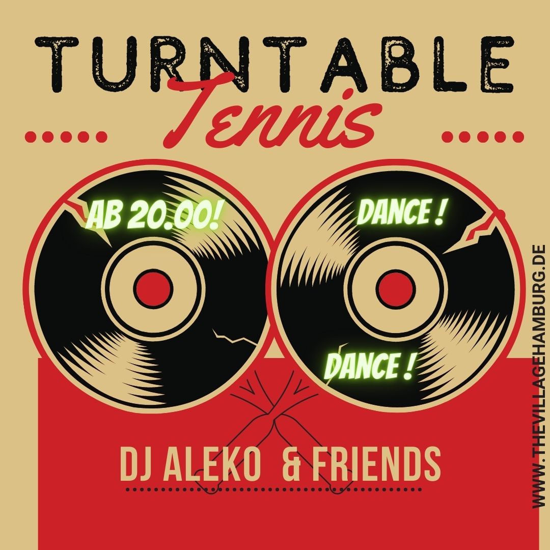 Teaserbild fürs Turntable Tennis. Zwei Schallplatten und der Schriftzug "Dance! Dance!" - ab 20:00 Uhr