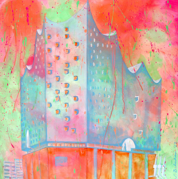 Die Elbphilharmonie, in bunten, psychedelischen Farben gemalt.