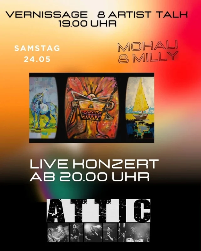 Am Samstag Abend haben wir ein schönes kunstvollen Programm für euch.
Um 19.00 Uhr eröffnen wir mit einer Vernissage die neue Ausstellung und freuen uns auf die Kunstwerke von @art_life_milly und @mohali.89 . 
In einem kleinen Artist Talk habt ihr die Möglichkeit die beiden Künstler*innen ein wenig näher kenne zu lernen. 
 
Ab 20.00 Uhr haben wir dann Live Musik von Attic auf unsere neuen scharfen Village Stage..

Ihr könnt euch auf eine bunte Mischung feinster Cover Songs freuen ... Indie Liebhaber werden besondere Freude haben..