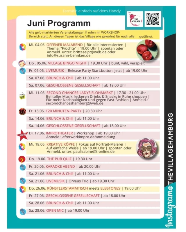 Hier ist unser sommerliches Juni Programm für euch. 

Wir freuen uns riesig auf die Release Party von @start.button.jetzt am 06.6 ab 19.00 Uhr. 

Endlich ist es wieder soweit und am Mittwoch den 11.06 haben wir wieder Shopping time beim Second Chances Ladysflohmarkt von 17.30 bis 21.00 Uhr. 

Am 21.06 dann nochmal tolle Live Musik von @orveus_trio ab 19.30

Jeden Samstag gibt es im Juni Brunch&Chill ab 11.00 Uhr und wir freuen uns wenn ihr unsere Karte testen kommt und mit einem gemeinsamen Brunch ins Wochenende startet. 

Und natürlich haben wir wie immer unsere beständigen Events und Kunstangebite für euch. 

!!! Ihr könnt euch ab jetzt für das Pub Quiz im August anmelden.. die Liste ist eröffnet.. !!!
Auch hier per DM auf insta möglich. 

Sommerliche Grüße aus dem Village wünschen wir euch